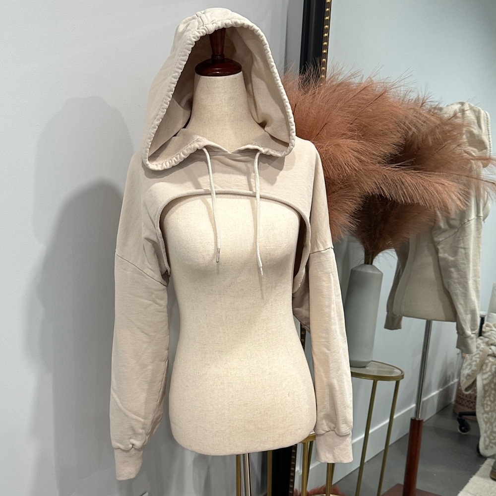 Beige Cropped Hoodie Sweatshirt with Cutout